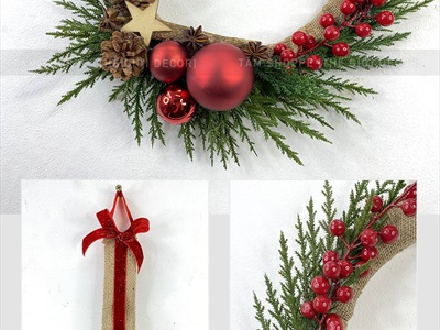 Vòng nguyệt quế chùm châu đỏ sao gỗ lá tùng thơm ĐK 40cm VNGQ-X-41